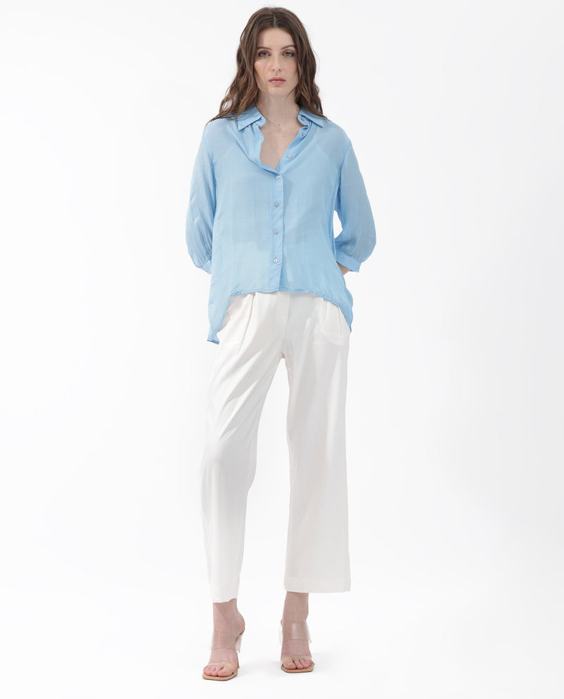 Rareism Women Faina Light Blue Viscose Fabric 3/4Th Sleeves Button Closure Shirt Collar Cuffed Sleeve Regular Fit Plain Top