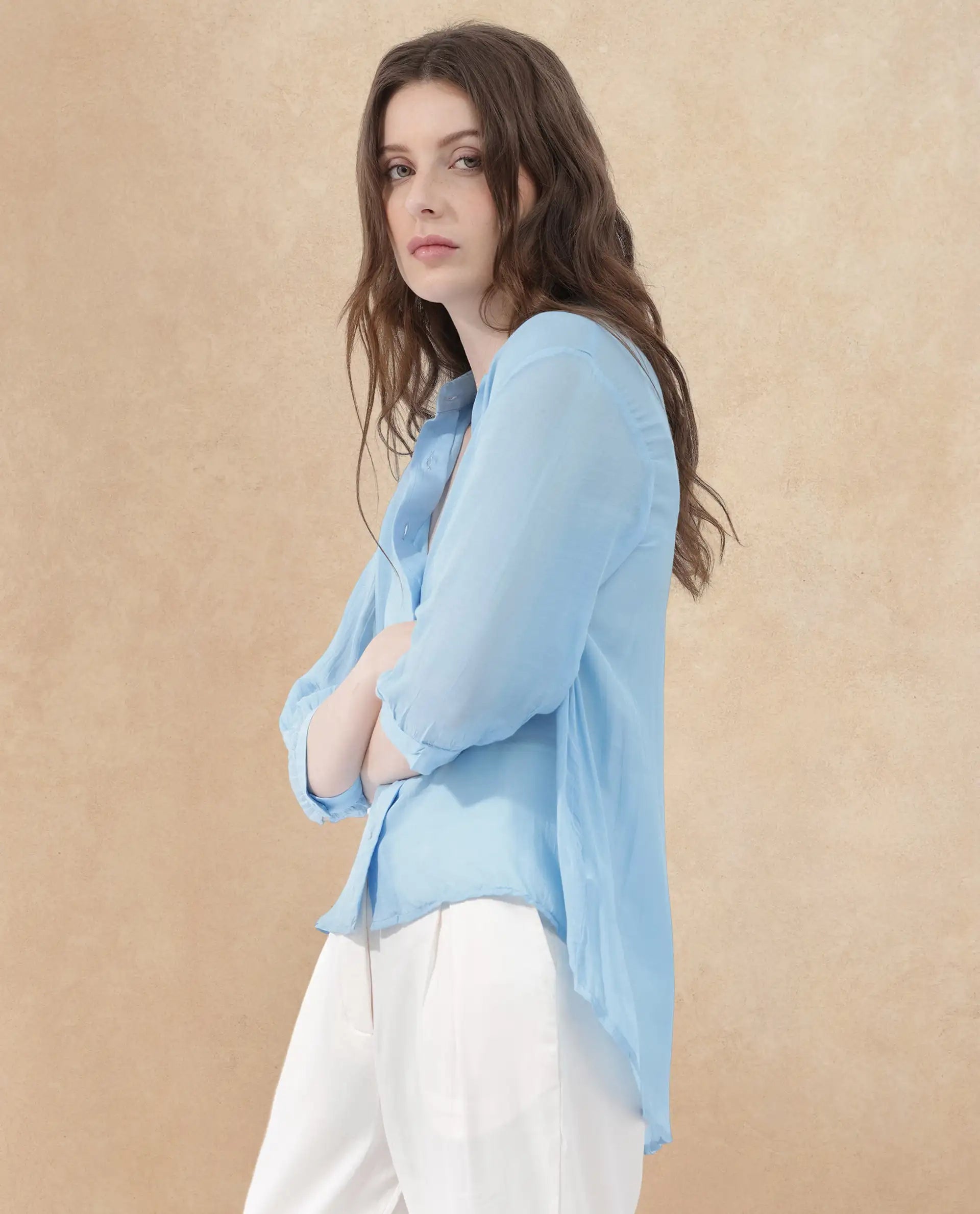 Rareism Women's Faina Light Blue Viscose Drop Collar Plain Cuffed Sleeve Regular Fit Top