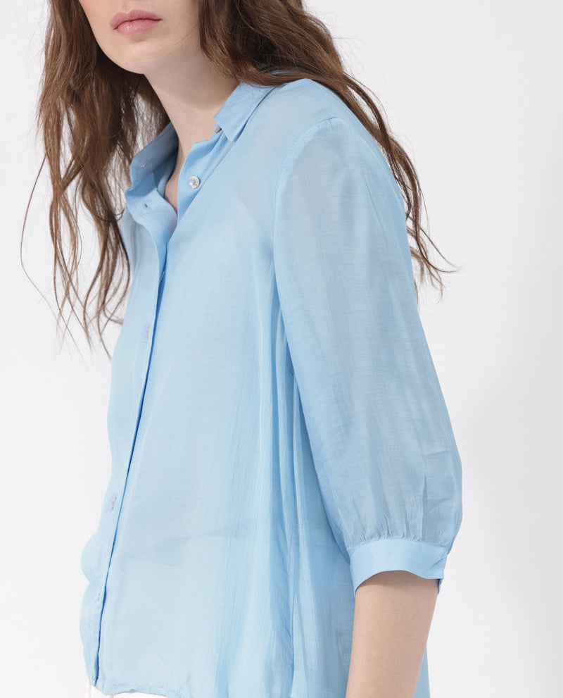 Rareism Women Faina Light Blue Viscose Fabric 3/4Th Sleeves Button Closure Shirt Collar Cuffed Sleeve Regular Fit Plain Top