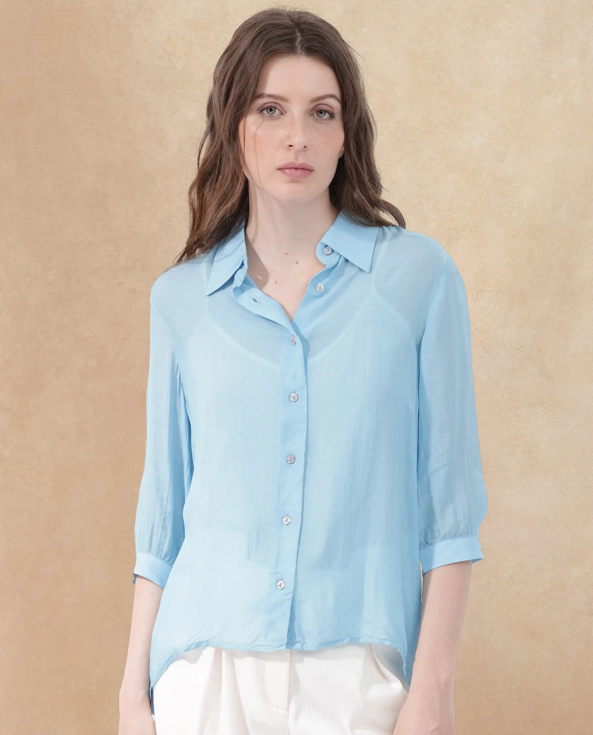 Rareism Women's Faina Light Blue Viscose Drop Collar Plain Cuffed Sleeve Regular Fit Top