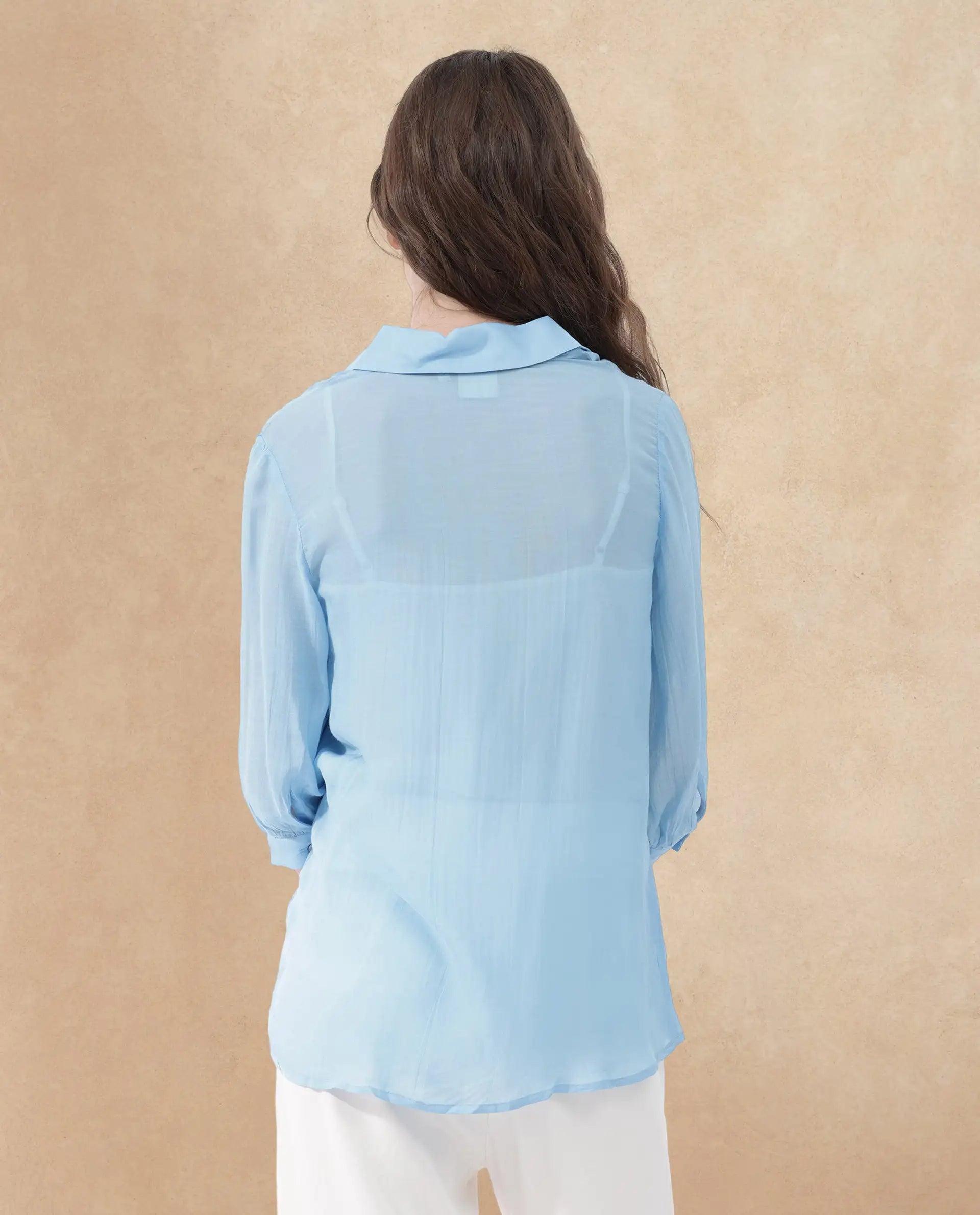 Rareism Women's Faina Light Blue Viscose Drop Collar Plain Cuffed Sleeve Regular Fit Top