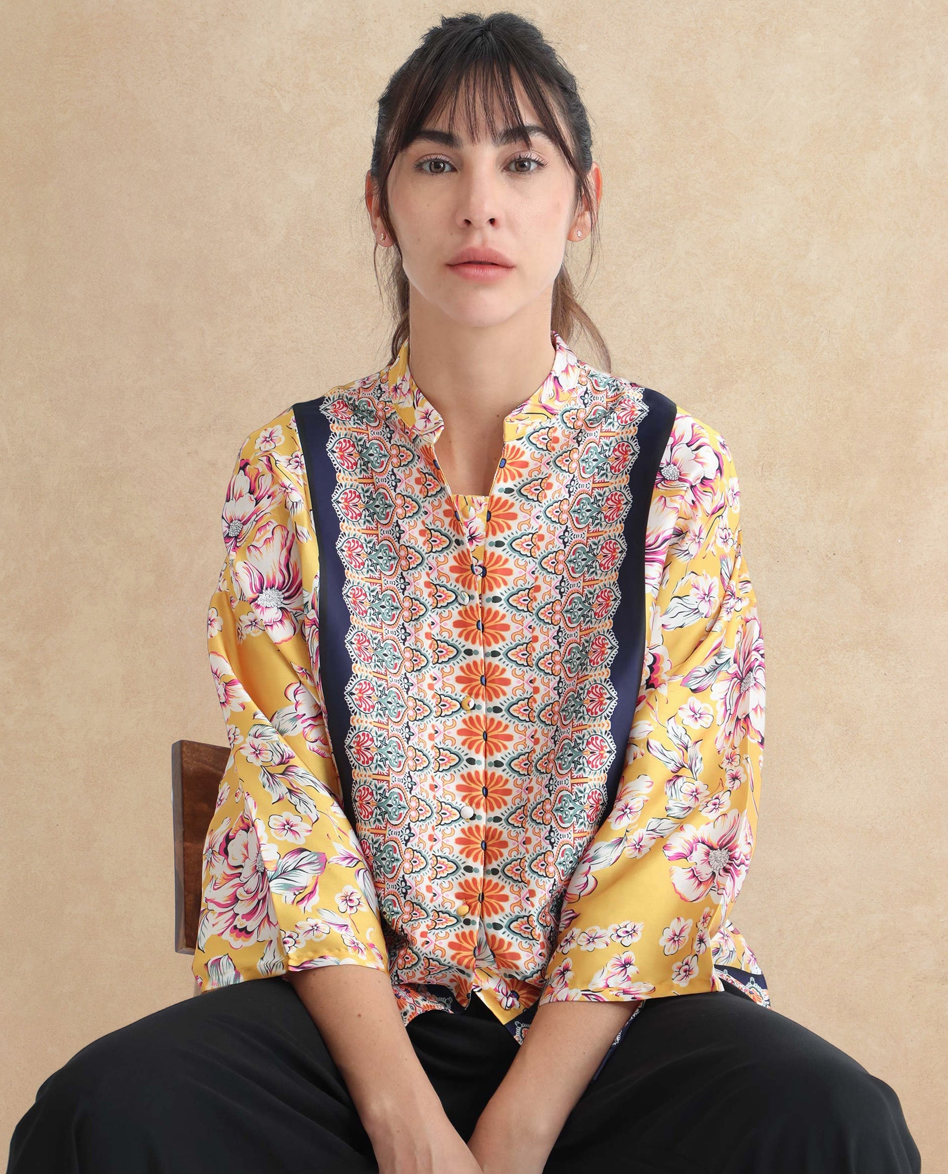Rareism Women's Falke Yellow Polyester Mandarin Collar Floral Print Kimono Sleeve Regular Fit Top