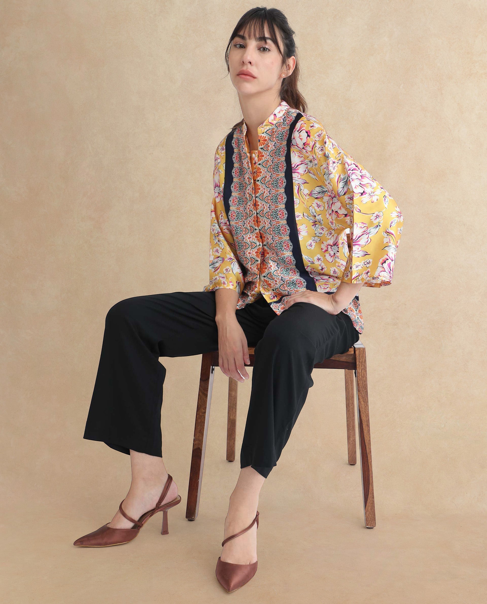 Rareism Women's Falke Yellow Polyester Mandarin Collar Floral Print Kimono Sleeve Regular Fit Top