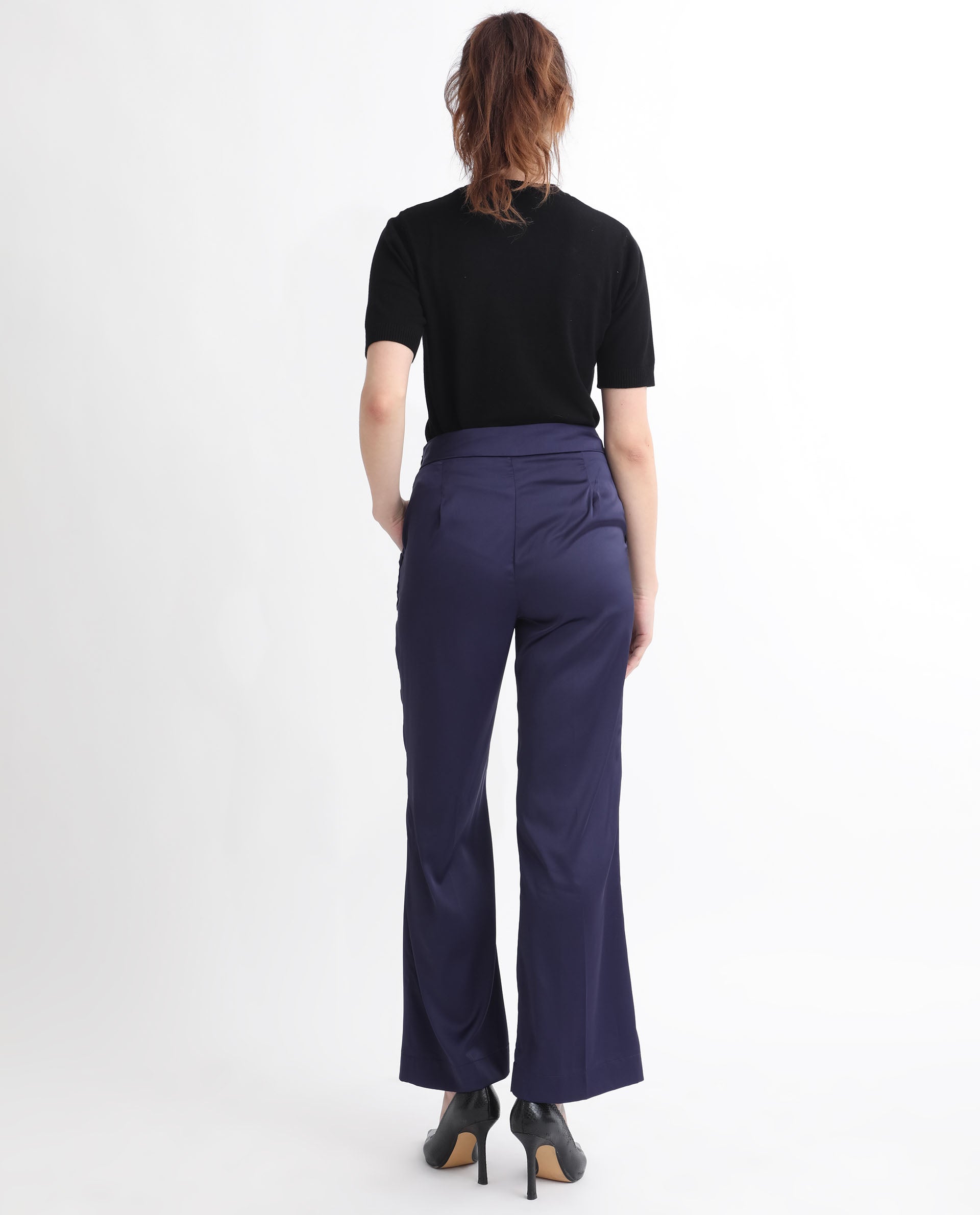 Rareism Women Falket Dark Blue Polyester Fabric Relaxed Fit Plain Ankle Length Trousers