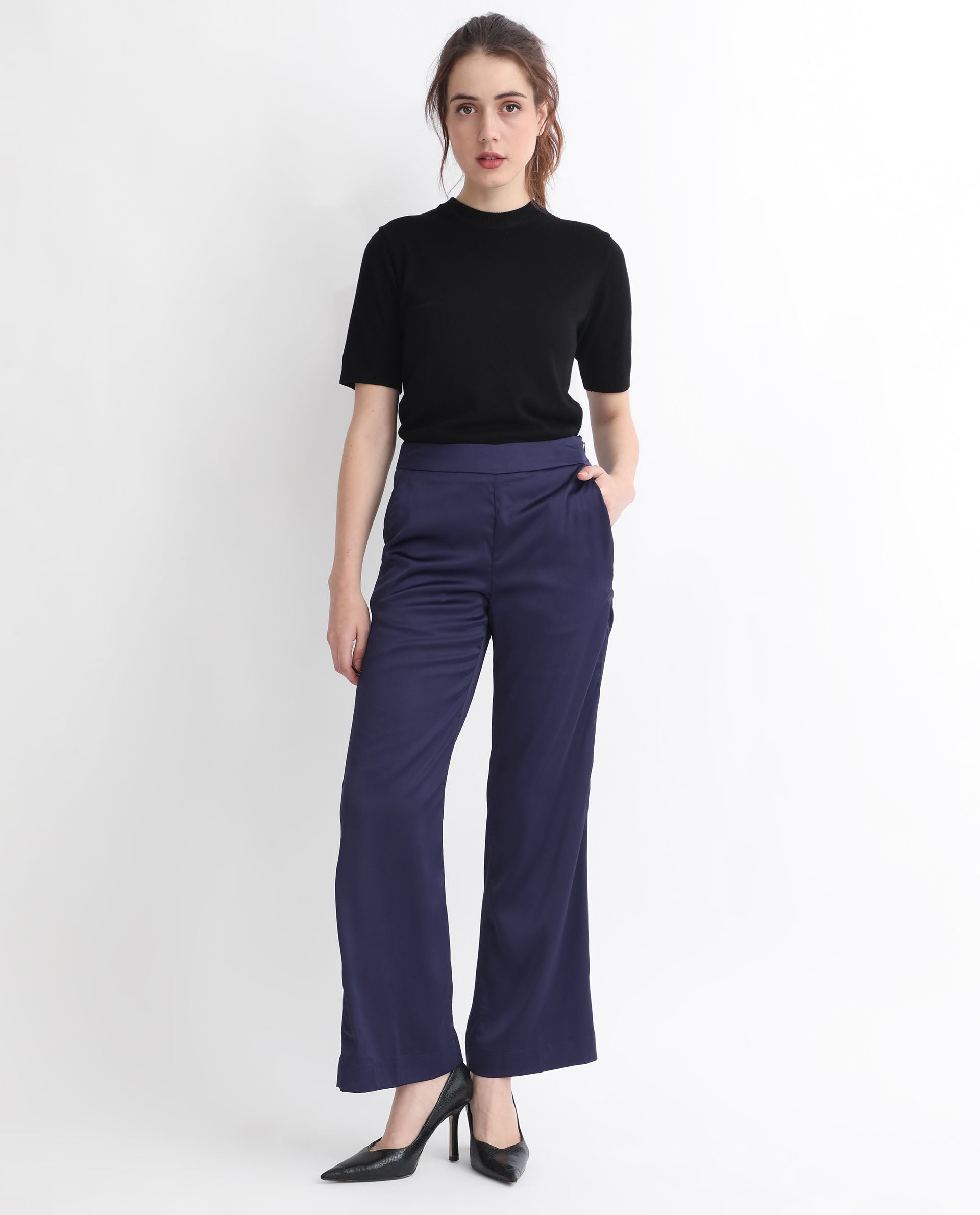 Rareism Women Falket Dark Blue Polyester Fabric Relaxed Fit Plain Ankle Length Trousers