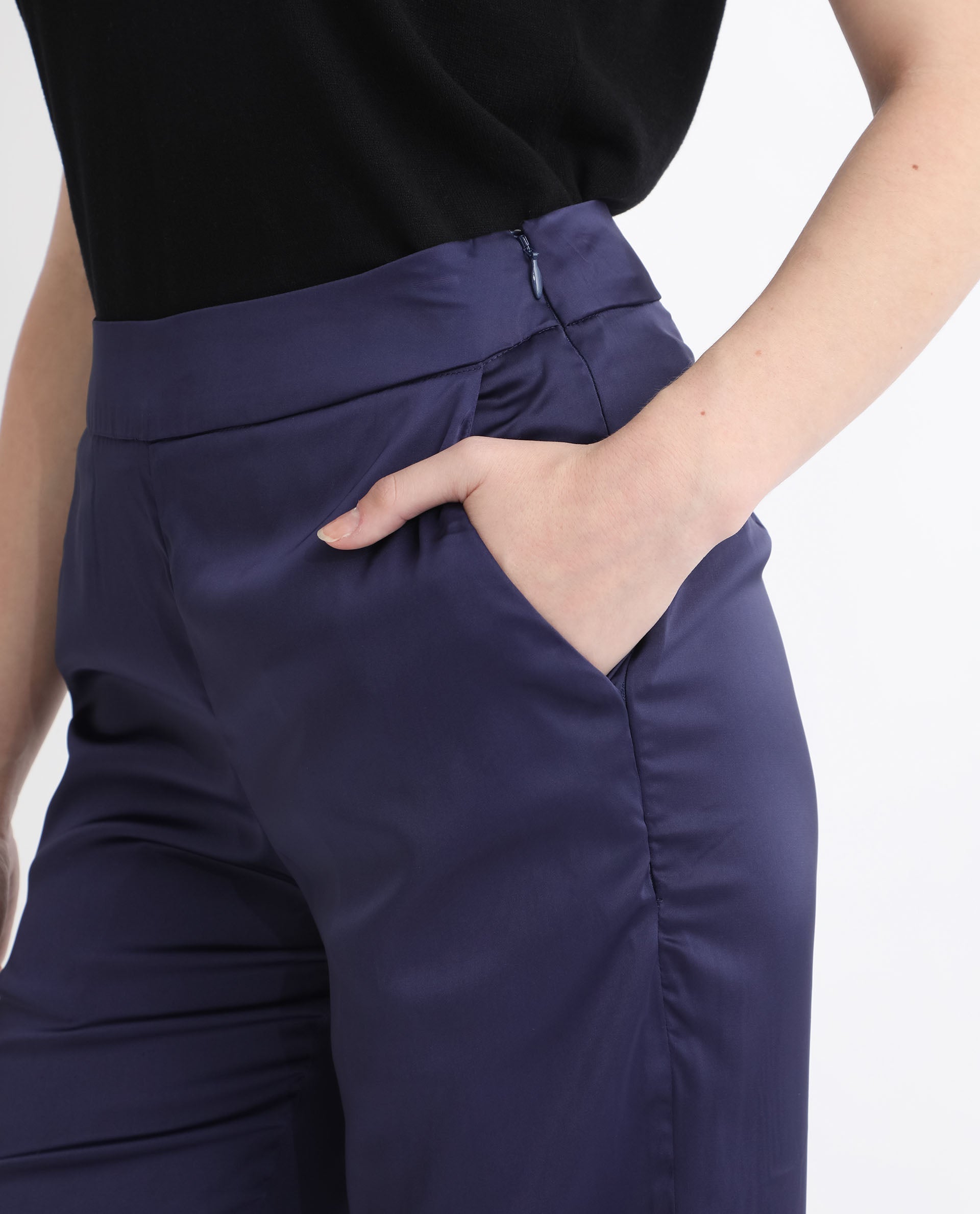 Rareism Women Falket Dark Blue Polyester Fabric Relaxed Fit Plain Ankle Length Trousers