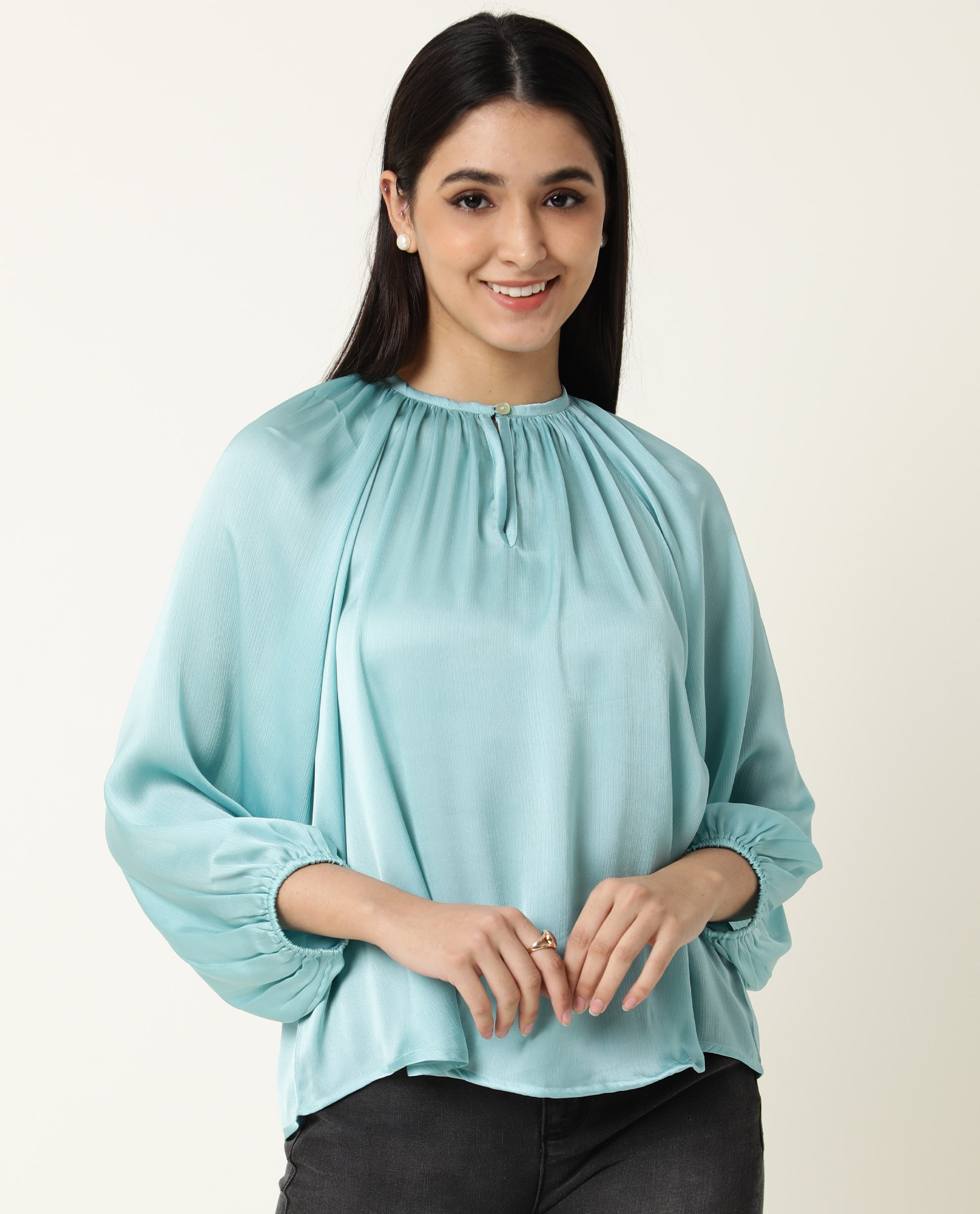 Rareism Women's Fall Blue Key Hole Neck Plain Knee Length Regular Fit Top