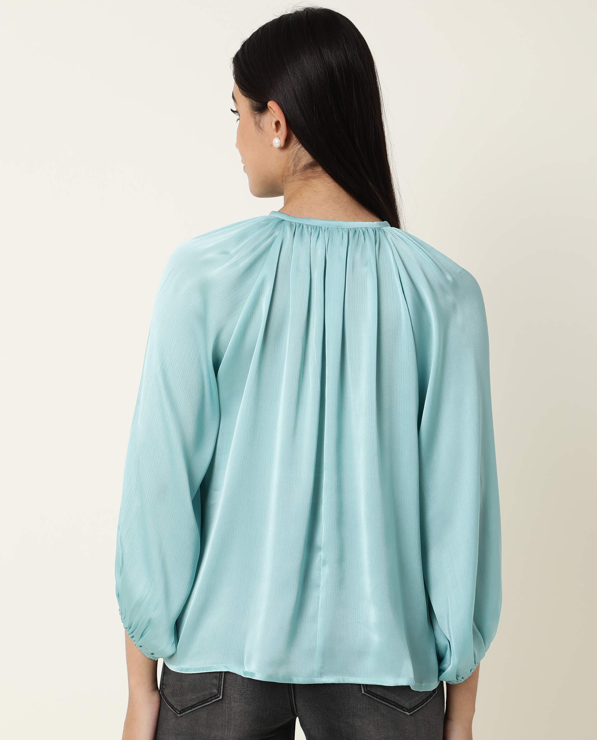 Rareism Womens Fall Blue Top Polyester Fabric Regular Fit Balloon Sleeve Round Neck