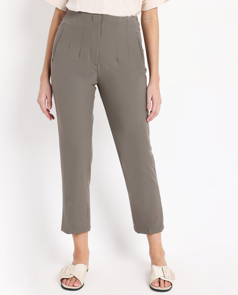 Rareism Women Falqu Dusky Grey Zipper Tapered Fit Plain Ankle Length Trouser