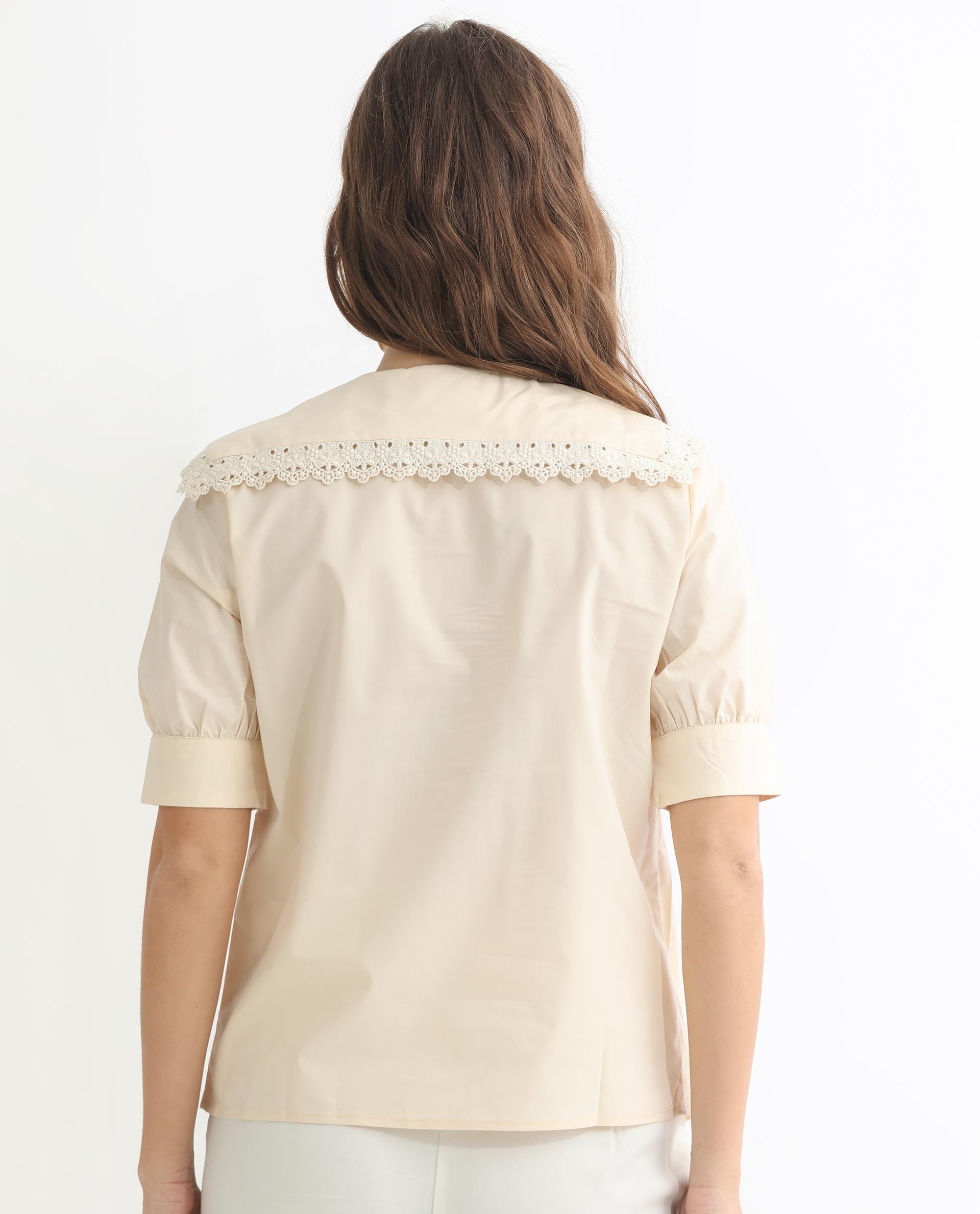 Rareism Women's Farse Beige Polyester Spread Collar Plain Puff Sleeves Regular Fit Top