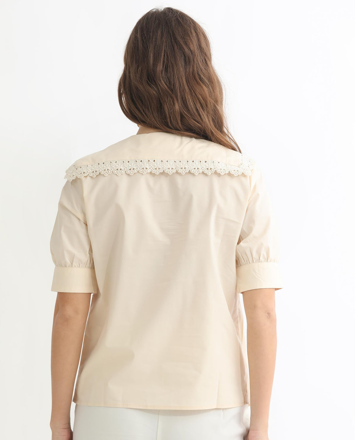 Rareism Women Farse Light Beige Polyester Fabric Regular Fit Shirt Collar Half Sleeves Solid Top