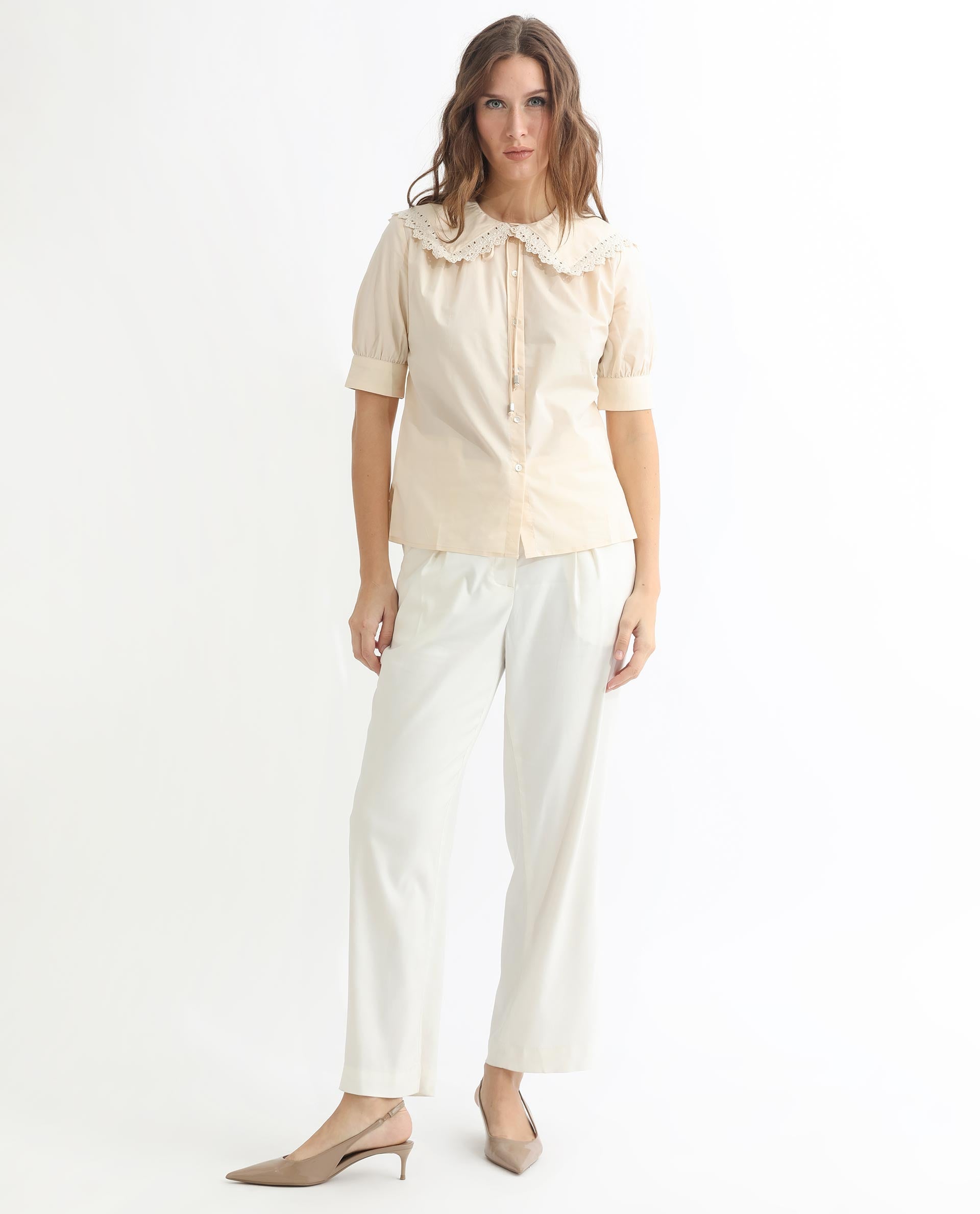 Rareism Women's Farse Beige Polyester Spread Collar Plain Puff Sleeves Regular Fit Top