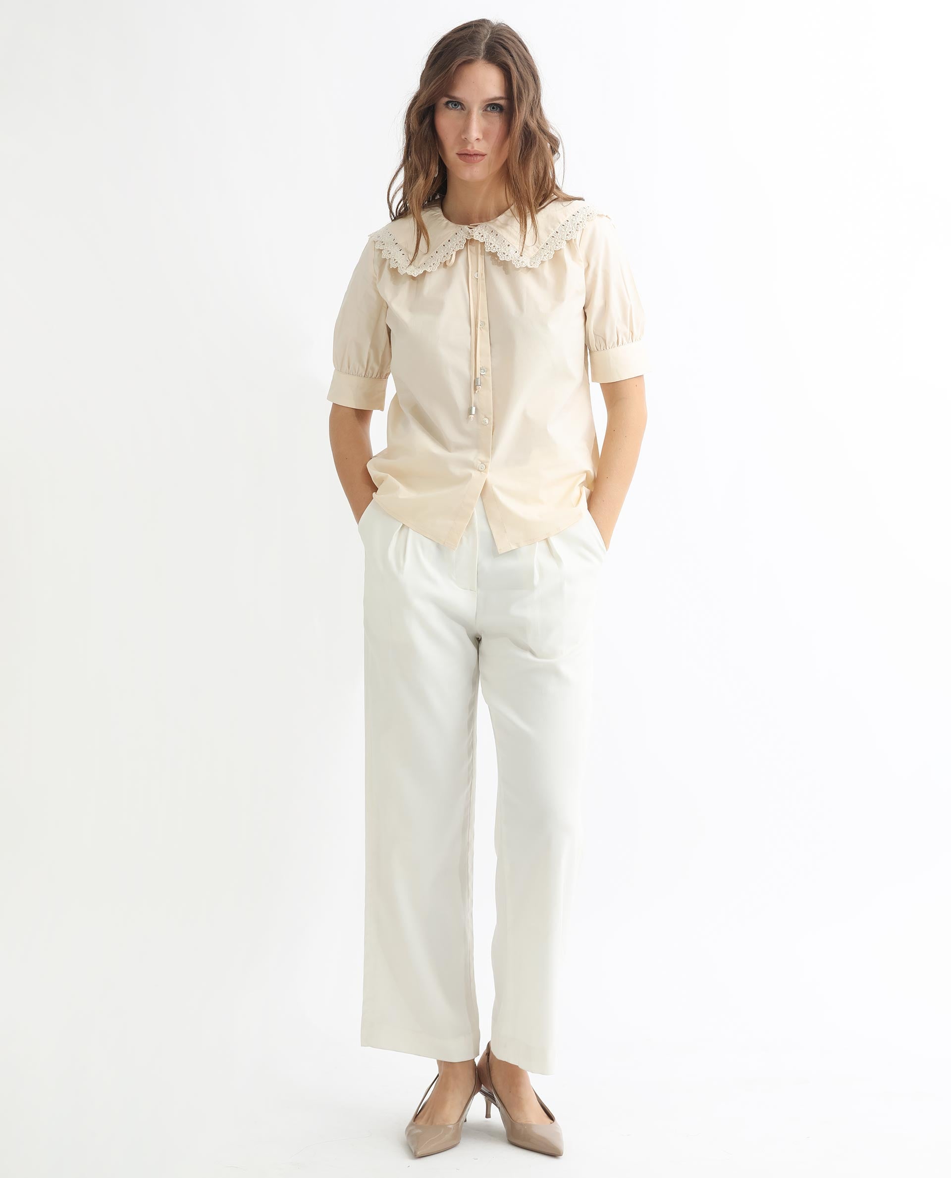 Rareism Women Farse Light Beige Polyester Fabric Regular Fit Shirt Collar Half Sleeves Solid Top