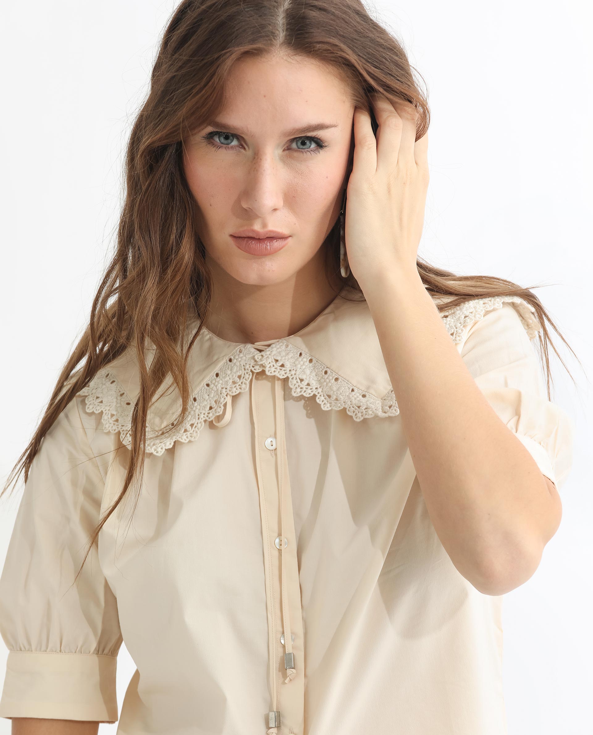 Rareism Women Farse Light Beige Polyester Fabric Regular Fit Shirt Collar Half Sleeves Solid Top