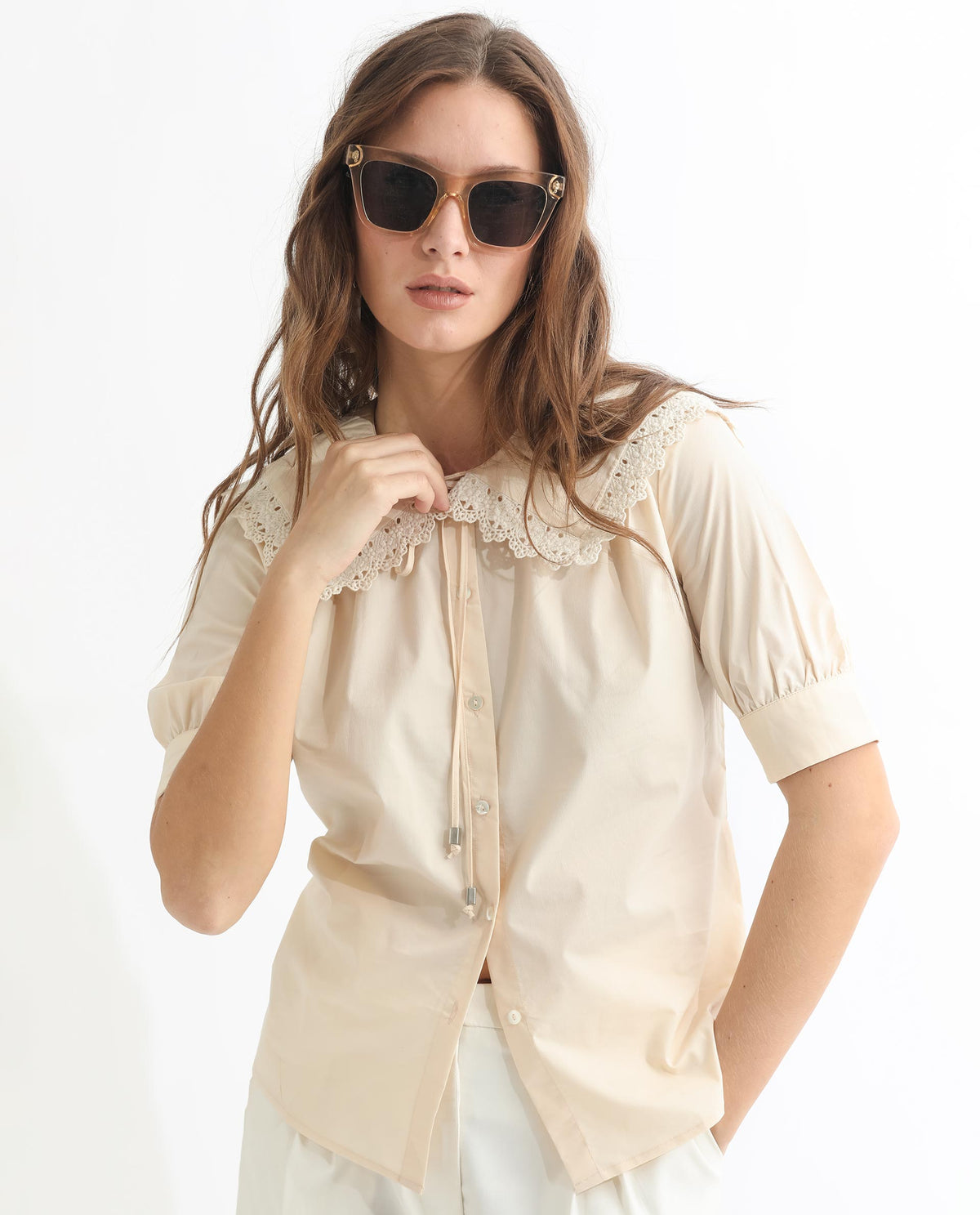 Rareism Women Farse Light Beige Polyester Fabric Regular Fit Shirt Collar Half Sleeves Solid Top