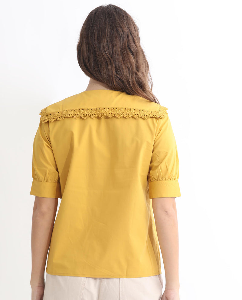 Rareism Women Farse Dark Yellow Polyester Fabric Regular Fit Shirt Collar Half Sleeves Solid Top