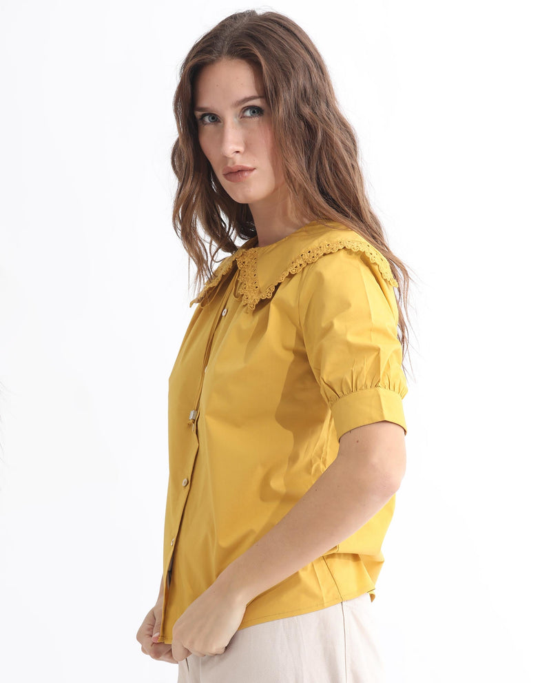 Rareism Women Farse Dark Yellow Polyester Fabric Regular Fit Shirt Collar Half Sleeves Solid Top