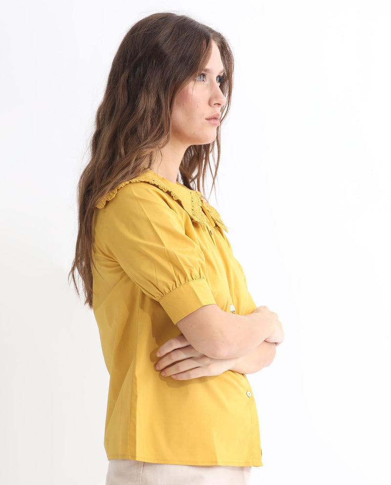 Rareism Women Farse Dark Yellow Polyester Fabric Regular Fit Shirt Collar Half Sleeves Solid Top