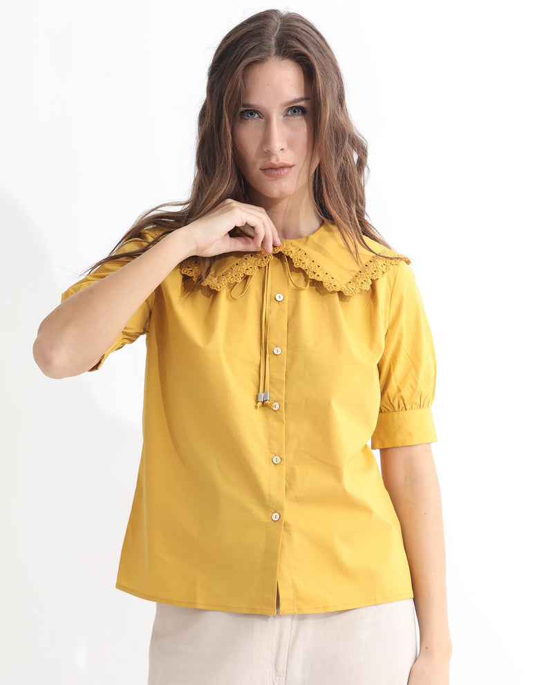 Rareism Women Farse Dark Yellow Polyester Fabric Regular Fit Shirt Collar Half Sleeves Solid Top