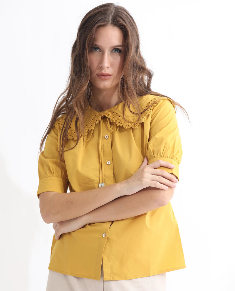 Rareism Women Farse Dark Yellow Polyester Fabric Regular Fit Shirt Collar Half Sleeves Solid Top