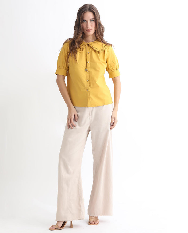 Rareism Women Farse Dark Yellow Polyester Fabric Regular Fit Shirt Collar Half Sleeves Solid Top