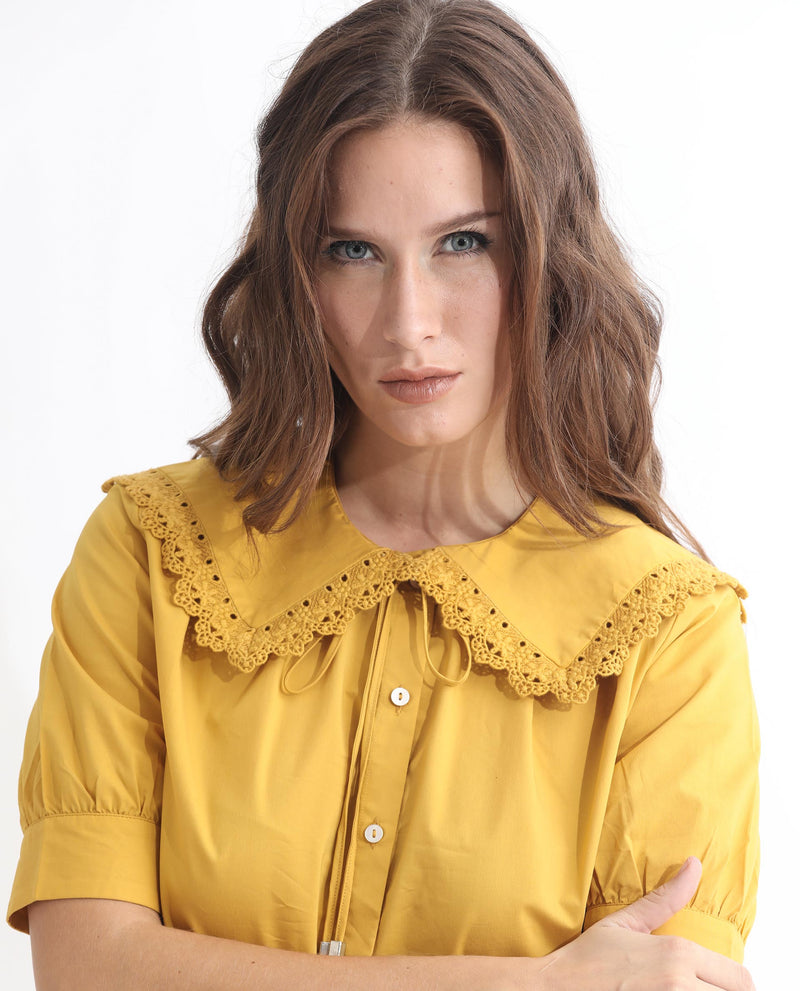 Rareism Women Farse Dark Yellow Polyester Fabric Regular Fit Shirt Collar Half Sleeves Solid Top