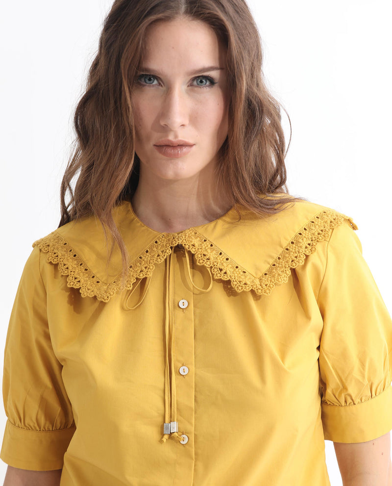 Rareism Women Farse Dark Yellow Polyester Fabric Regular Fit Shirt Collar Half Sleeves Solid Top