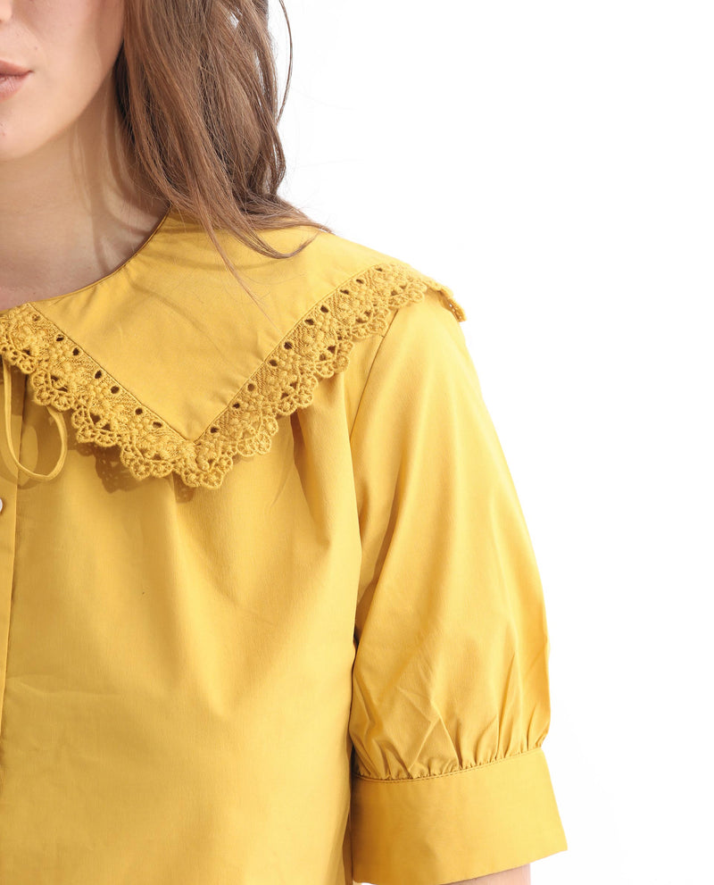 Rareism Women Farse Dark Yellow Polyester Fabric Regular Fit Shirt Collar Half Sleeves Solid Top