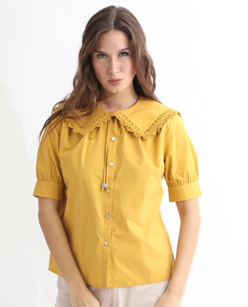 Rareism Women Farse Dark Yellow Polyester Fabric Regular Fit Shirt Collar Half Sleeves Solid Top