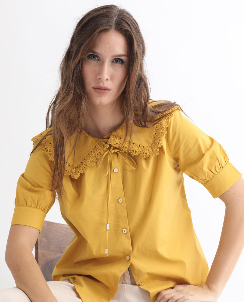 Rareism Women Farse Dark Yellow Polyester Fabric Regular Fit Shirt Collar Half Sleeves Solid Top