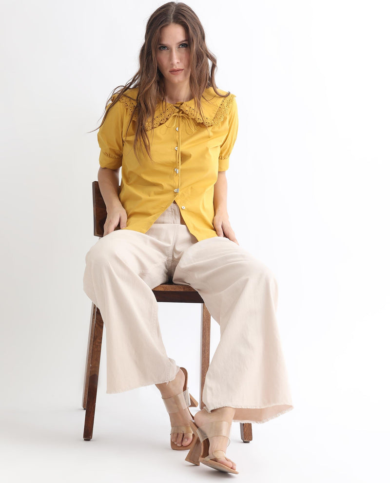 Rareism Women Farse Dark Yellow Polyester Fabric Regular Fit Shirt Collar Half Sleeves Solid Top