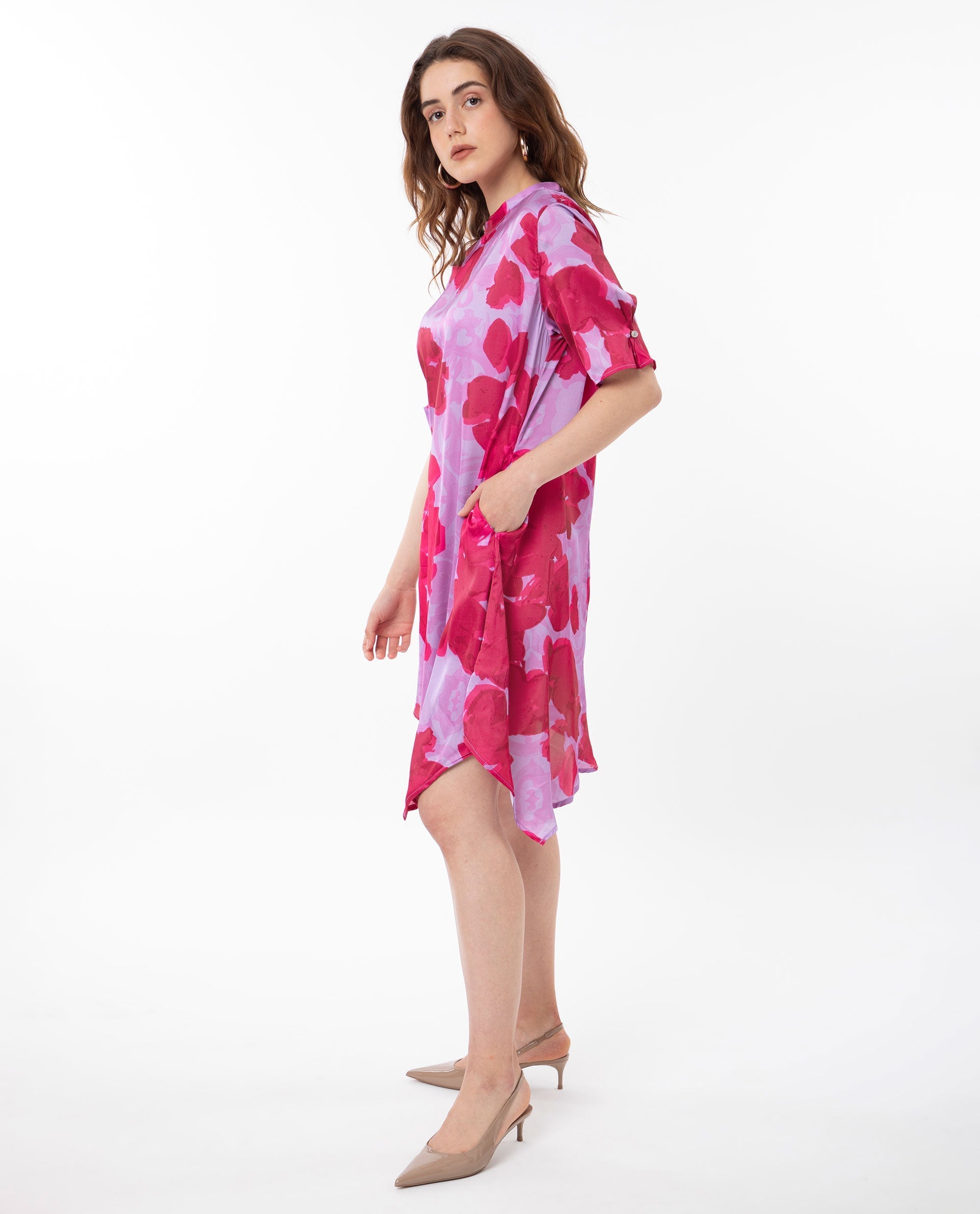 Rareism Women's Fasan Light Purple Polyester High Neck Floral Print Knee Length Relaxed Fit Dress