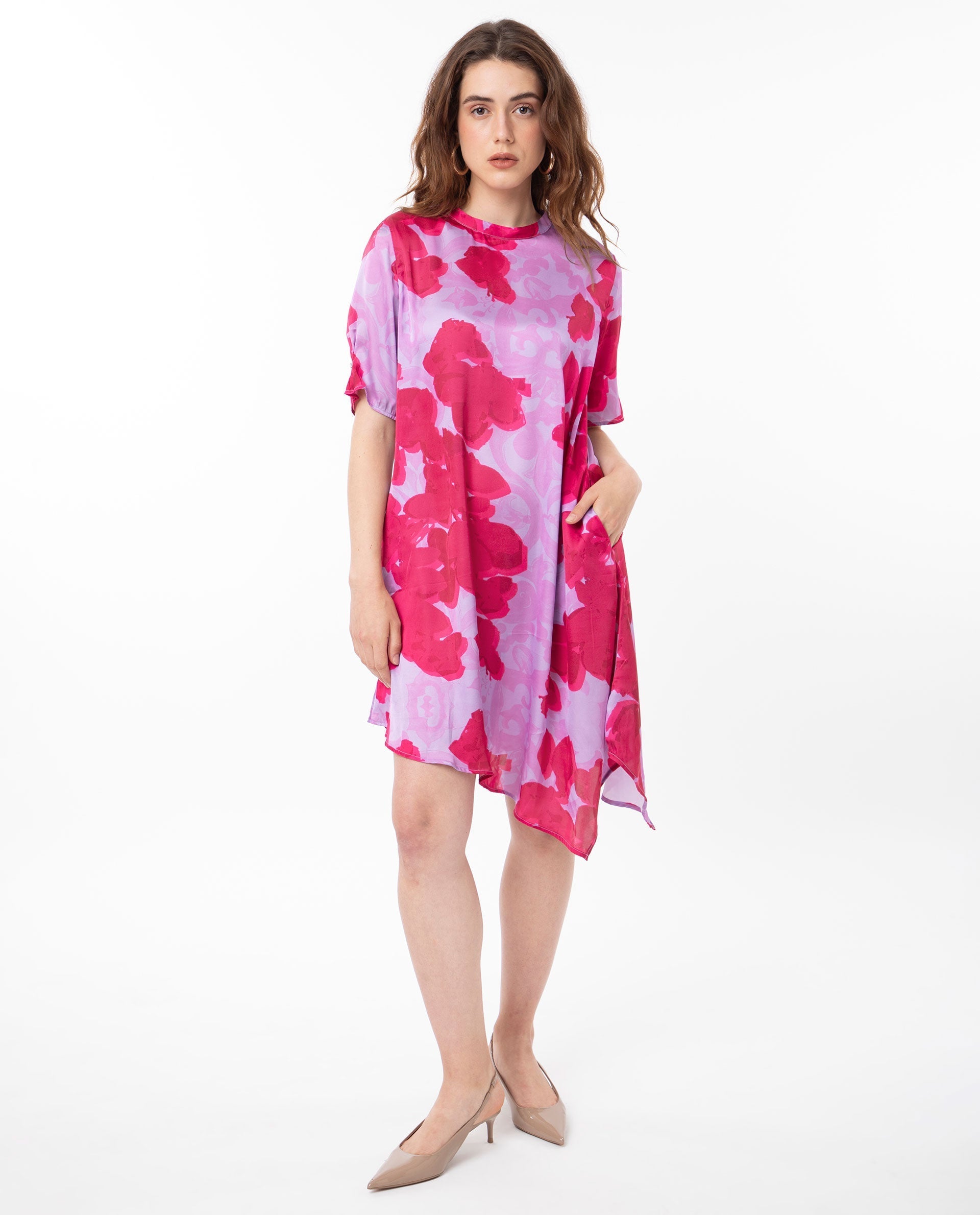 Rareism Women's Fasan Light Purple Polyester High Neck Floral Print Knee Length Relaxed Fit Dress