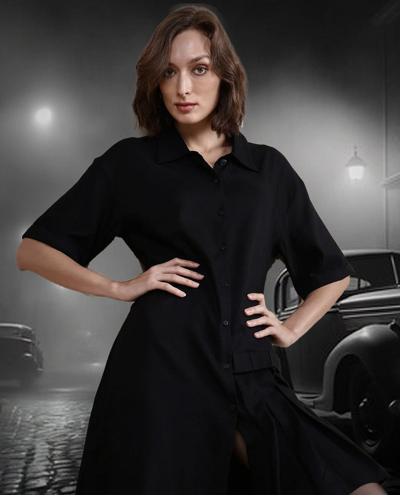 Rareism Women Sakal Black Roll-Up Sleeve Collared Button A-Line Plain Mini Dress