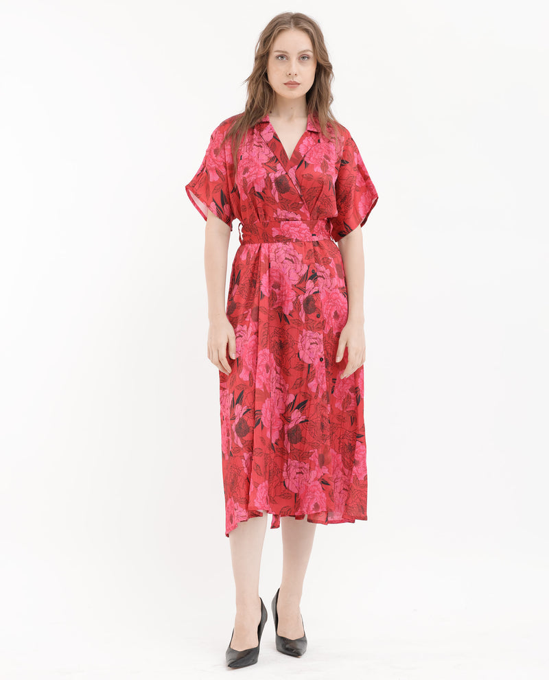 Rareism Women Felik Red Polyester Fabric Short Sleeves Button Closure Lapel Neck Extended Sleeve Relaxed Fit Floral Print Midi Dress