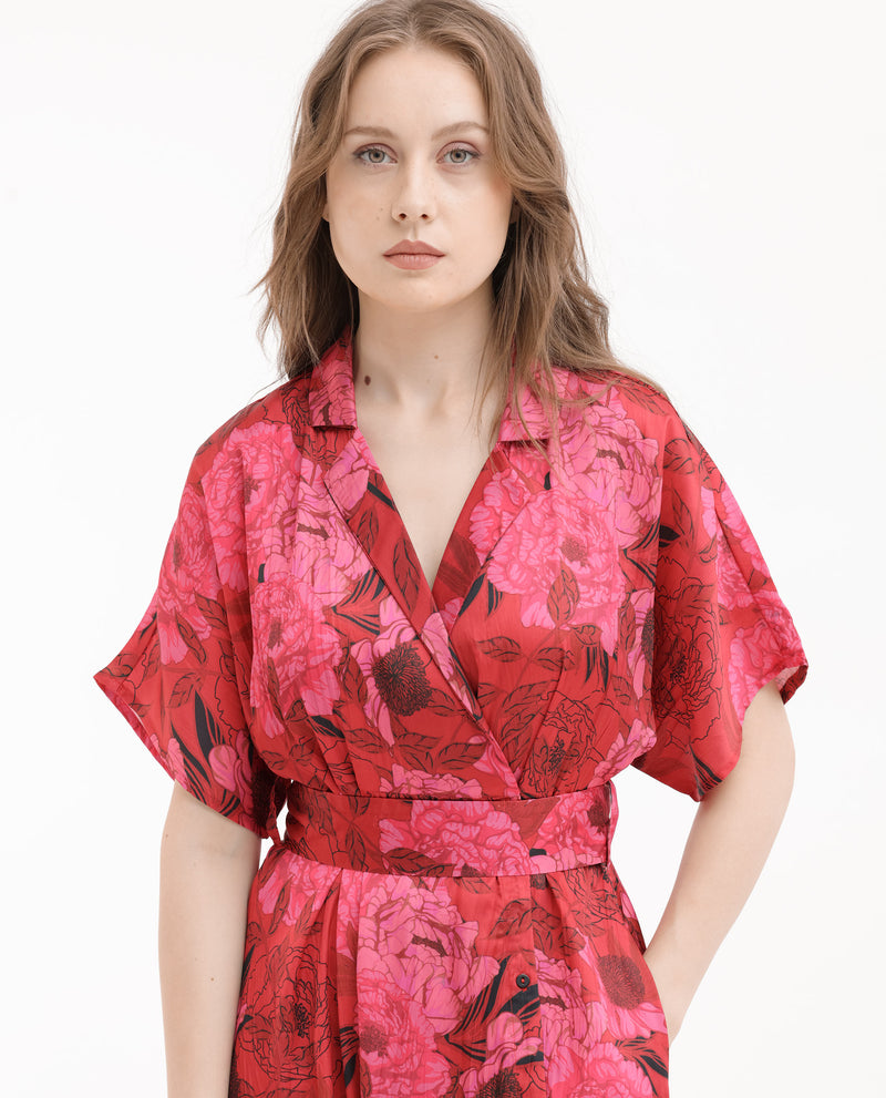 Rareism Women Felik Red Polyester Fabric Short Sleeves Button Closure Lapel Neck Extended Sleeve Relaxed Fit Floral Print Midi Dress