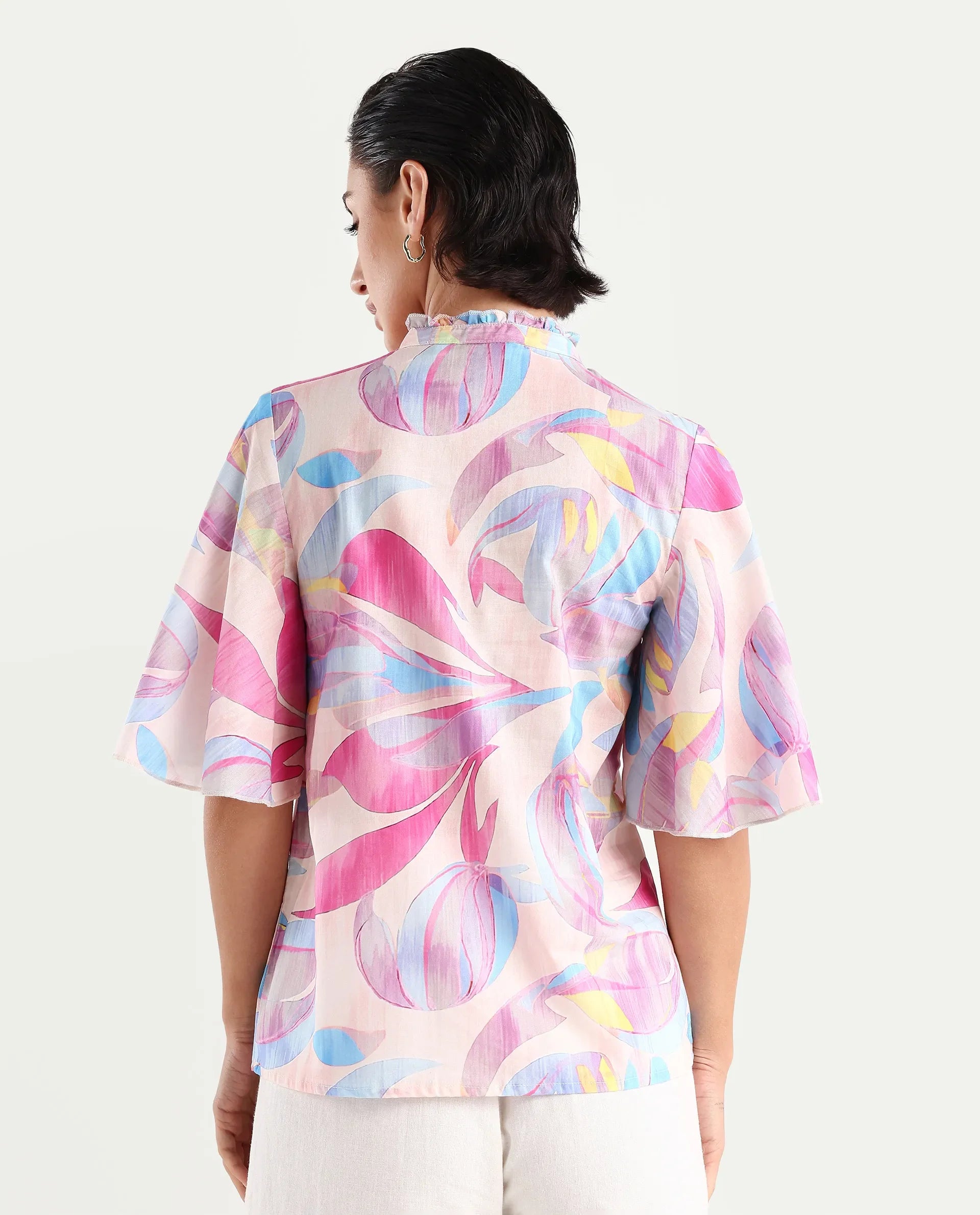 Rareism Women's Feli Pink Cotton Sweetheart Neck Abstract Print Ruffled Sleeve Regular Fit Top