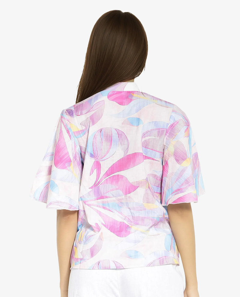 Rareism Women Feli Pink Ruffled Sleeves Ruffled Neck Button Abstract Print Top