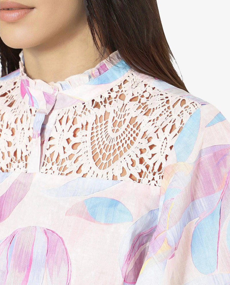 Rareism Women Feli Pink Ruffled Sleeves Ruffled Neck Button Abstract Print Top