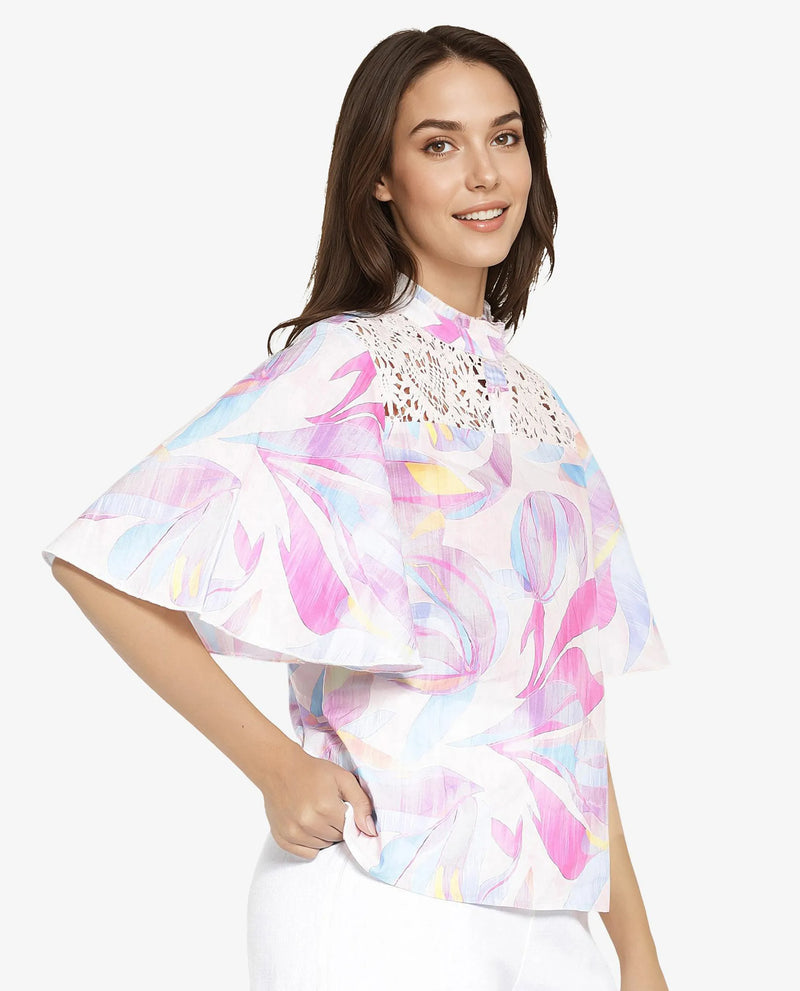 Rareism Women Feli Pink Ruffled Sleeves Ruffled Neck Button Abstract Print Top