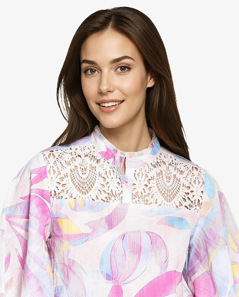 Rareism Women Feli Pink Ruffled Sleeves Ruffled Neck Button Abstract Print Top