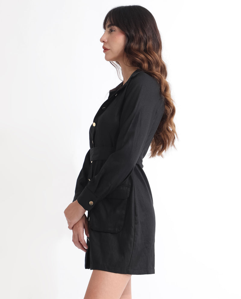 Rareism Women Fenko Black Cotton Fabric Full Sleeves Button Closure Shirt Collar Relaxed Fit Plain Short Shirt Type Dress