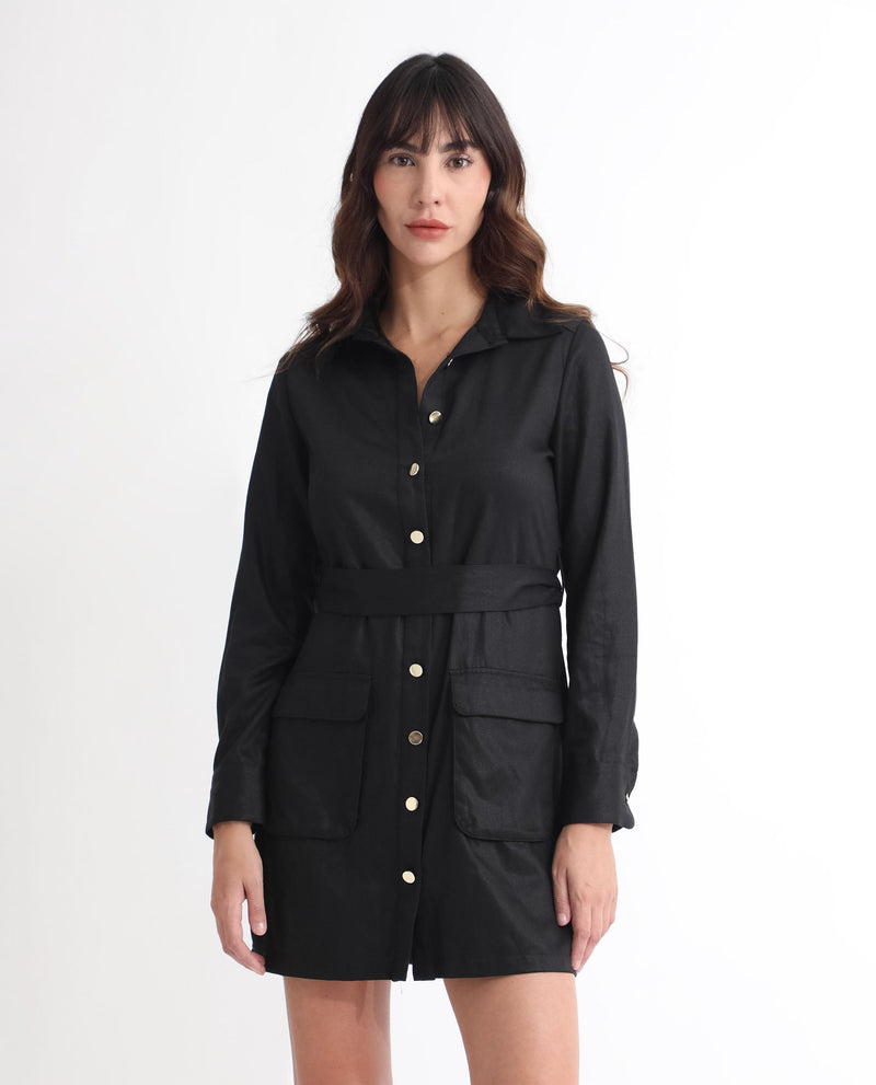 Rareism Women Fenko Black Cotton Fabric Full Sleeves Button Closure Shirt Collar Relaxed Fit Plain Short Shirt Type Dress