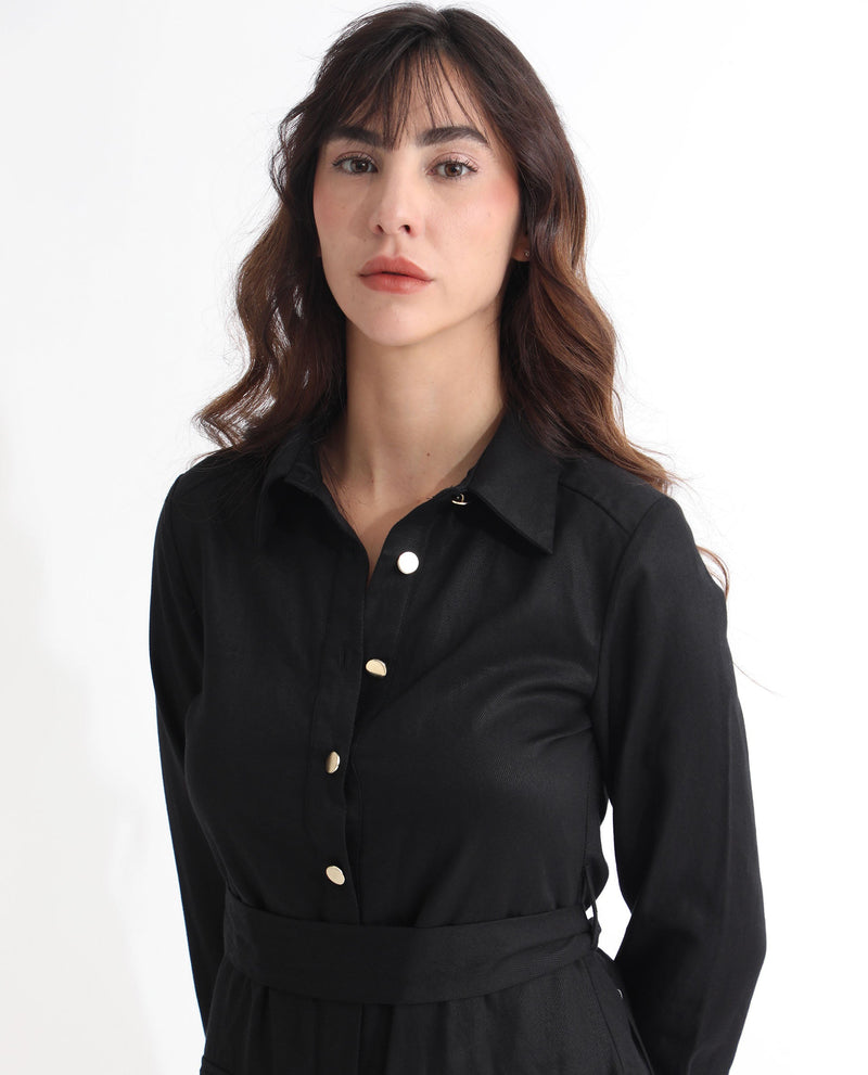 Rareism Women Fenko Black Cotton Fabric Full Sleeves Button Closure Shirt Collar Relaxed Fit Plain Short Shirt Type Dress