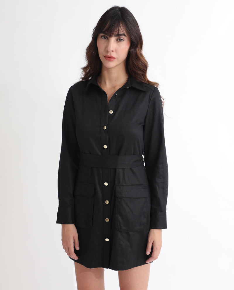 Rareism Women Fenko Black Cotton Fabric Full Sleeves Button Closure Shirt Collar Relaxed Fit Plain Short Shirt Type Dress