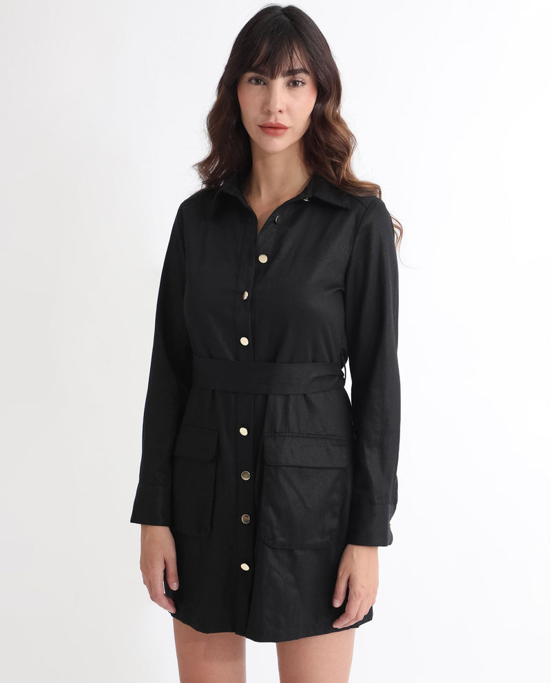 Rareism Women Fenko Black Cotton Fabric Full Sleeves Button Closure Shirt Collar Relaxed Fit Plain Short Shirt Type Dress