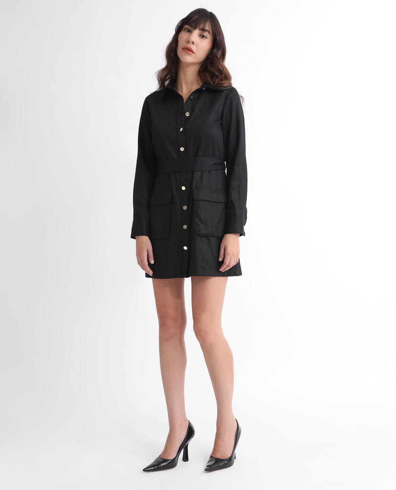 Rareism Women Fenko Black Cotton Fabric Full Sleeves Button Closure Shirt Collar Relaxed Fit Plain Short Shirt Type Dress