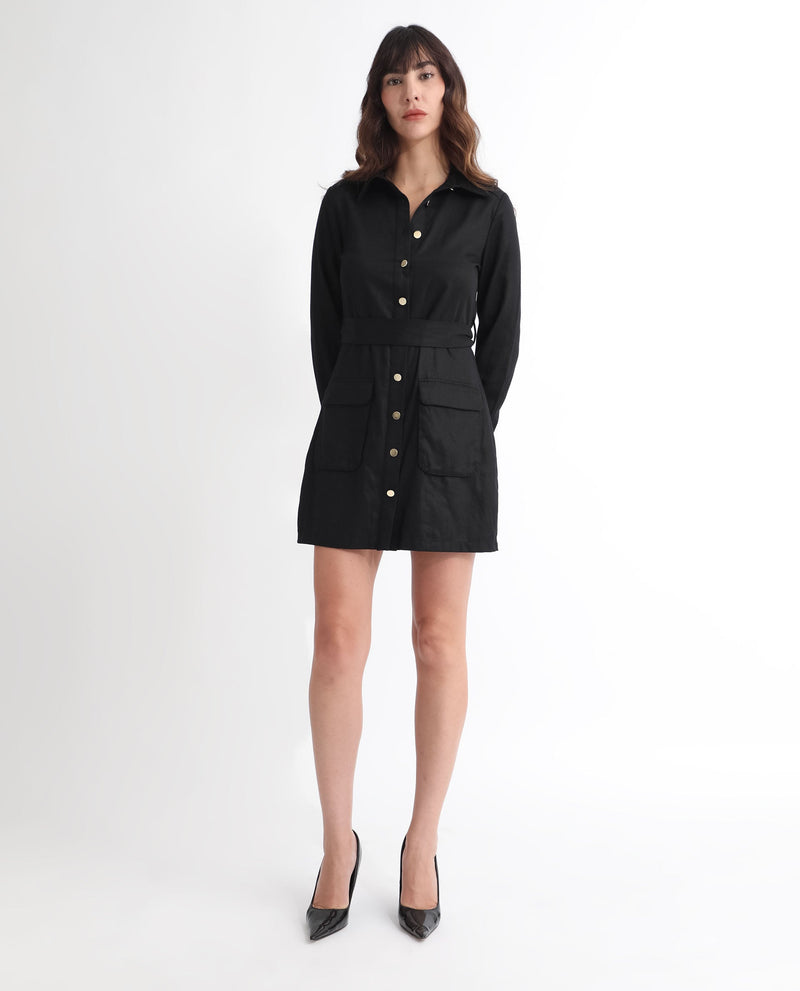 Rareism Women Fenko Black Cotton Fabric Full Sleeves Button Closure Shirt Collar Relaxed Fit Plain Short Shirt Type Dress