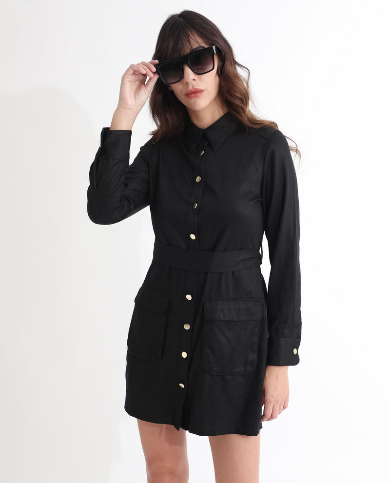 Rareism Women Fenko Black Cotton Fabric Full Sleeves Button Closure Shirt Collar Relaxed Fit Plain Short Shirt Type Dress