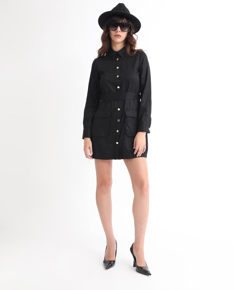 Rareism Women Fenko Black Cotton Fabric Full Sleeves Button Closure Shirt Collar Relaxed Fit Plain Short Shirt Type Dress